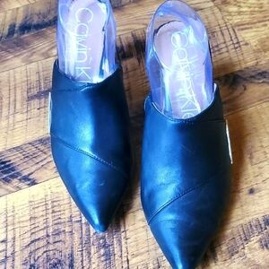 Calvin Klein Grecia Black Leather Sz. 10 Heeled Mules Shoes